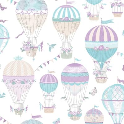 Just 4 Kids 2 Hot Air Balloons 33' L x 21" W Wallpaper Roll — Purple,Aqua,White