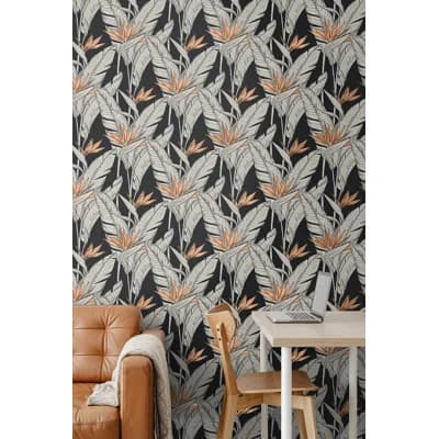 The Sojourn Floral Vinyl Peel & Stick Metallic Wallpaper Roll — Onyx,Metallic Copper