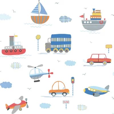 Tiny Tots 2 Transportation Design 33' L x 21" W Wallpaper Roll — Blue,Orange,Red