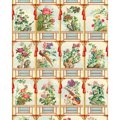 Chinese Garden Floral Non-Pasted Satin and Matte Wallpaper Roll — Taupe,Red,Green