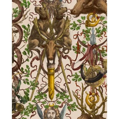 Tyrol Apres-Ski Non-Pasted Satin and Matte Wallpaper Roll — Brown,Green,Red,Taupe