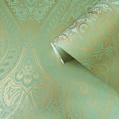 Zen Damask Paper Metallic Wallpaper Roll — Green,Gold