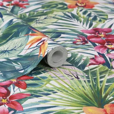 Floral Non-Pasted Metallic Wallpaper Roll — Green,Red,Orange