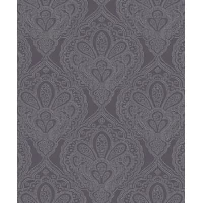 Emporium Metallic Mehndi Damask 3D Embossed 33' L x 21" W Wallpaper Roll — Purple,Silver