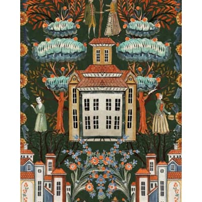 Tyrol Apres-Ski Non-Pasted Satin and Matte Wallpaper Roll — Blue,Dark Green,Red,Taupe