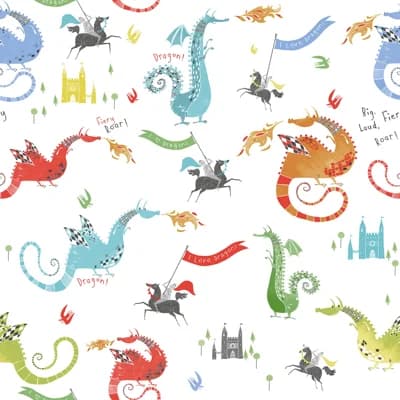 Tiny Tots 2 Dragons Design 33' L x 21" W Wallpaper Roll — Red,Orange,Blue