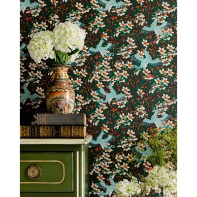 Chinese Garden Floral Non-Pasted Satin and Matte Wallpaper Roll — Turquoise,Red,Green