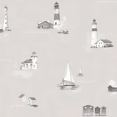 Deauville 2 Nautical Lighthouse and Sailboats 33' L x 21" W Smooth Wallpaper Roll — Gray,White