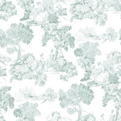 Blooming Garden Collection Toile Garden Wallpaper Roll — Aquamarine