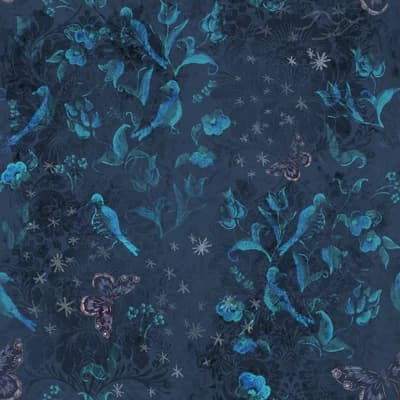 Yuki Osada Floral Non-Pasted Satin Wallpaper Double Roll — Turquoise,Navy