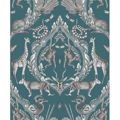 Bazaar Metallic Jungle Menagerie Damask 33' L x 21" W Wallpaper Roll — Teal