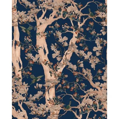 Chinese Garden Floral Non-Pasted Satin and Matte Wallpaper Roll — Indigo Blue,Peach,Taupe