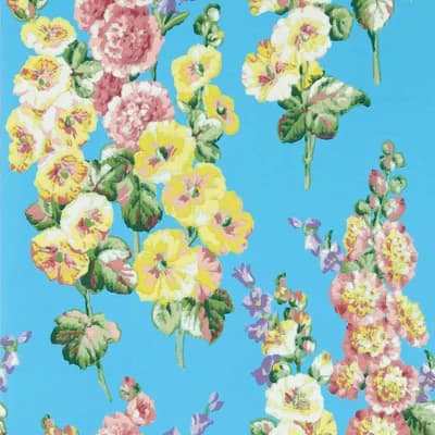 Hollyhocks Wallpaper — Fire Pink,Bright Blue