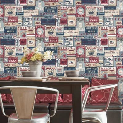 Kitchen Recipes Tea and Coffee Labels 32.8' L x 21" W Wallpaper Roll — Blue