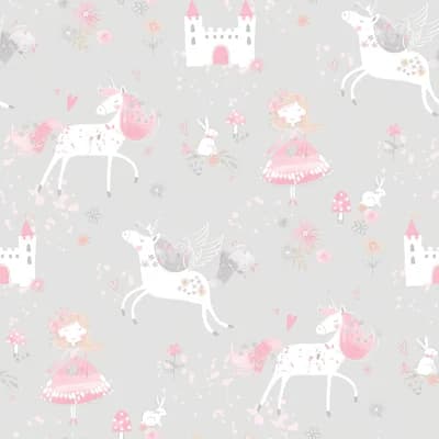 Just 4 Kids 2 Unicorn Fairytale Design 33' L x 21" W Wallpaper Roll — Gray