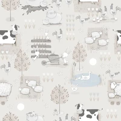 Tiny Tots 2 Farmland Animals Design 33' L x 21" W Wallpaper Roll — Gray