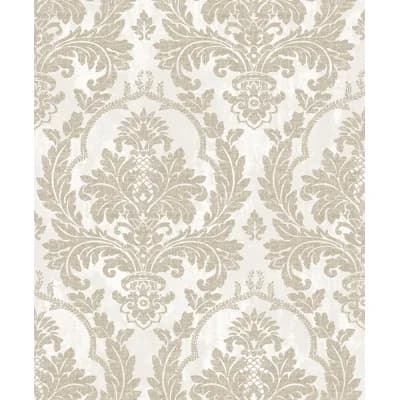 Cottage Chic Cottage Chic Large Damask Italian Vinyl on Non-woven 33' L x 21" W Wallpaper Roll — Beige,White