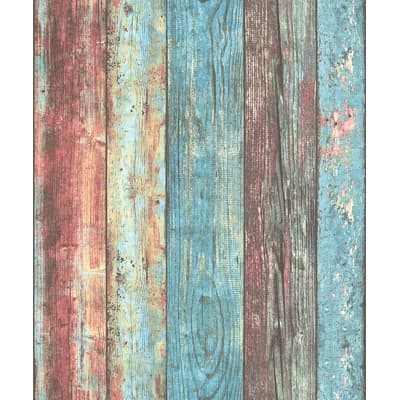 Woods and Wicker Collection Colorful Broad Wood Stripe Wallpaper Roll — Blue,Red