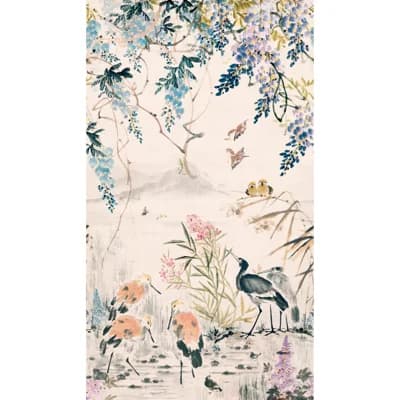 Orom II Collection Blue Leaf and Bird 62.5-inches wide x 9.18-feet high 3-panel Wall Mural — Blue