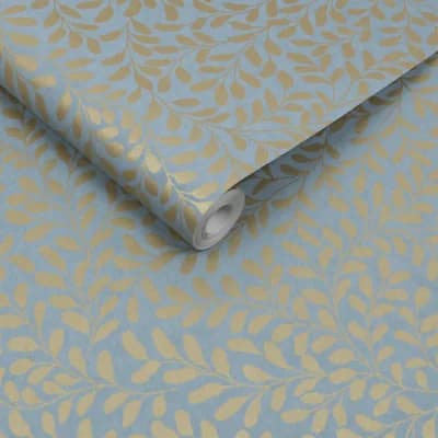 Graham & Brown Gilded Leaf Sky Blue & Pale Gold Wallpaper — Blue