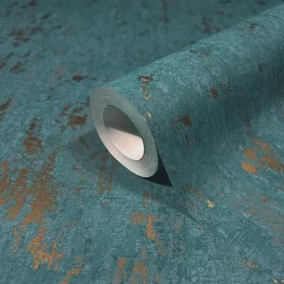 City Romance Collection Metallic Worn Plaster Wallpaper Roll — Green