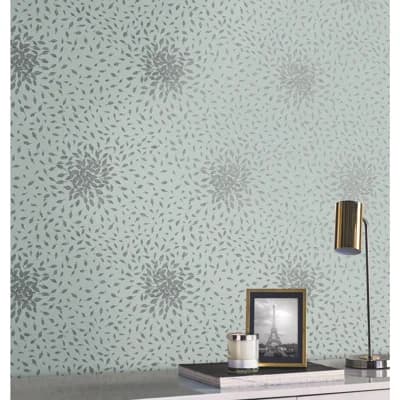 Petite Leaves Floral Non-Pasted Metallic Wallpaper Roll — Spa,Silver