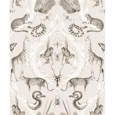 Bazaar Metallic Jungle Menagerie Damask 33' L x 21" W Wallpaper Roll — Beige,Black