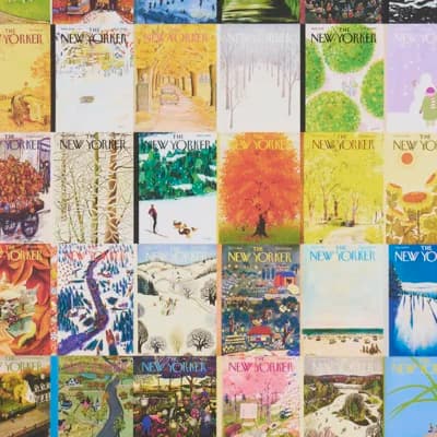 Schumacher x The New Yorker Seasonal Covers Wallpaper — Blue,Green,Yellow,White