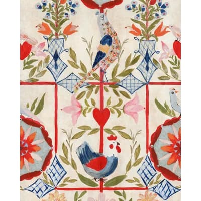 Tyrol Apres-Ski Floral Non-Pasted Satin and Matte Wallpaper Roll — Blue,Pink,Red,Taupe