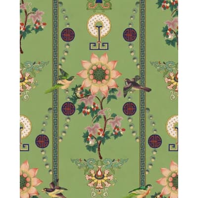 Chinese Garden Floral Non-Pasted Satin and Matte Wallpaper Roll — Red,Pink,Green