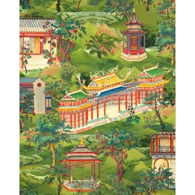 Chinese Garden Toile Non-Pasted Satin and Matte Wallpaper Roll — Green,Red,Taupe