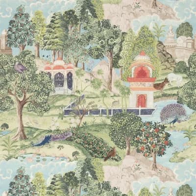 Peacock Garden Wallpaper — Green,Coral