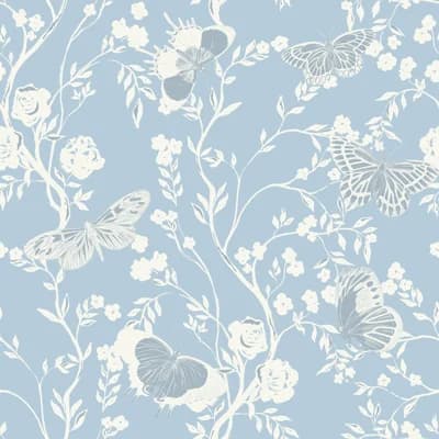 Butterflies in Bloom 33' L x 20.5" W  Wallpaper Roll — Powder Blue