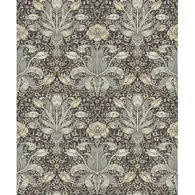 Spring Thicket Blue Tulip Damask Wallpaper — Gray
