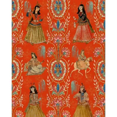 Tales of Maghreb Non-Pasted Satin and Matte Wallpaper Roll — Blue,Red,Taupe,Yellow