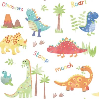 Tiny Tots 2 Dinosaurs Design 33' L x 21" W Wallpaper Roll — Red,Green,White