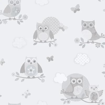 Just 4 Kids 2 Owls and Butterflies Design 33' L x 21" W Wallpaper Roll — Gray,White