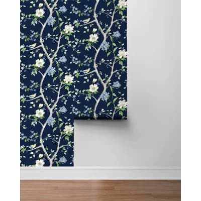 Luxe Haven Navy Blue & Spring Green Floral Trail Peel And Stick Wallpaper — Navy Blue,Spring Green