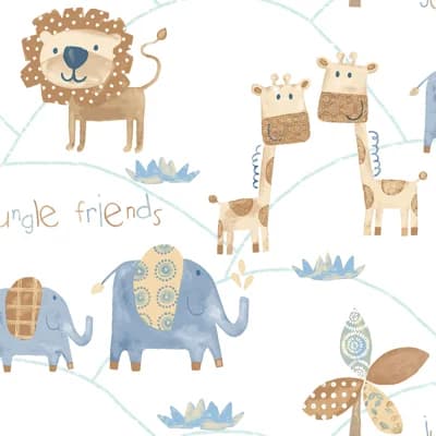 Just 4 Kids 2 Jungle Friends 33' L x 21" W Wallpaper Roll — Blue,Brown,White