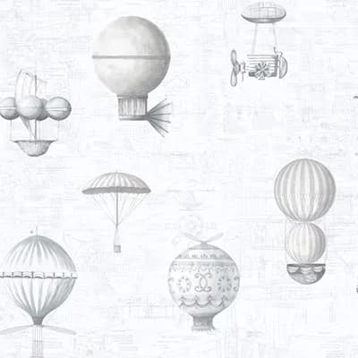 Nostalgie Steampunk Air Balloons 33' L x 21" W Wallpaper Roll — Metallic Silver,Gray,White
