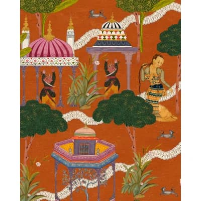 Tales of Maghreb Non-Pasted Satin and Matte Wallpaper Roll — Orange,Pink,White