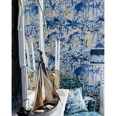 Sundance Villa Non-Pasted Matte Wallpaper Roll — Taupe,Indigo,Yellow