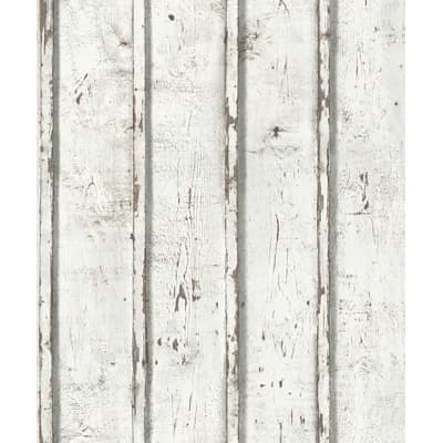 Woods and Wicker Collection Whitewash Dual Stripe Wood Effect Wallpaper Roll — White
