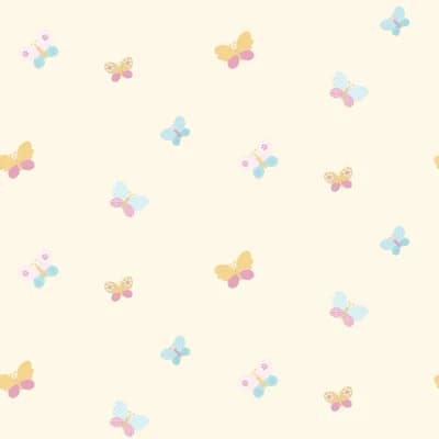 Just 4 Kids 2 Butterflies Design 33' L x 21" W Wallpaper Roll — Cream,Pink,Yellow,Blue