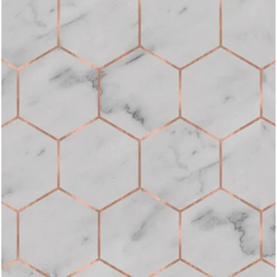 Marble Hexagon Geometric and Marble Fabric Peel & Stick Matte Wallpaper Roll by Jamie Graney — White Marble,Rose Gold
