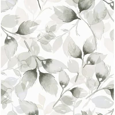 Watercolor Tossed Leaves Peel and Stick Luxe Haven Wallpaper — Sea Salt,Harbor Mist