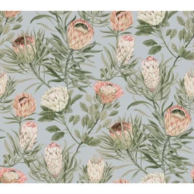 Protea 27' L x 27" W Wallpaper Roll — Dusty Blue,Coral