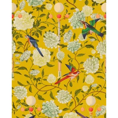 Chinese Garden Floral Non-Pasted Satin and Matte Wallpaper Roll — Mustard Yellow,Red,Green
