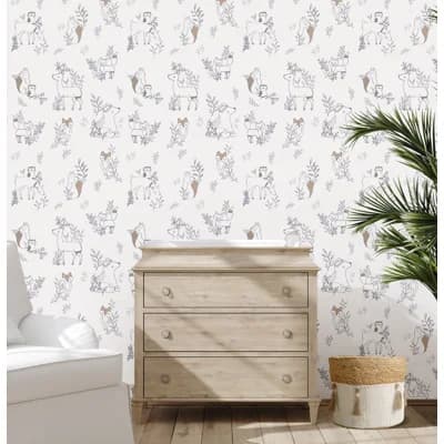 Woodland Animal Nursery Wallpaper by Crane Baby, Traditional Application — Brown;Gray