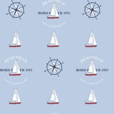 Deauville 2 Nautical Boat Motif Wallpaper Roll — Sky Blue,Navy Blue,White
